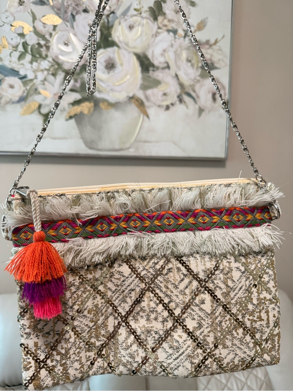 Fringed Cream & Multicolor Tassel Clutch with Chain Strap